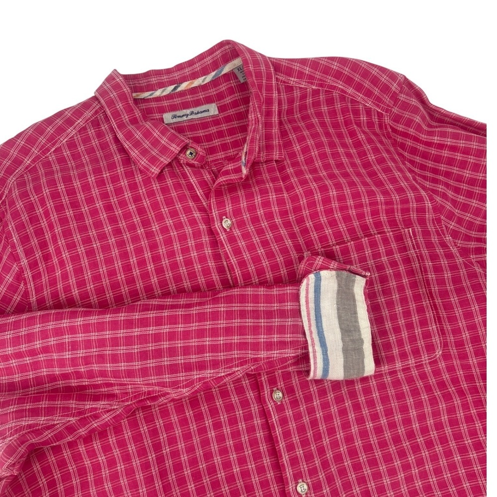 Tommy Bahama Mens XL Pink Plaid Linen Tencel Blend Long Sleeve Button Down Shirt